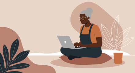 Adventurous hiker with a backpack and trekking pole ascends a waterfall in a stylized natural landscape, symbolizing overcoming challenges and exploration.