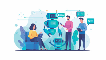 People collaborate with robots in modern office, showcasing teamwork and technological advancement in a bright and innovative environment.