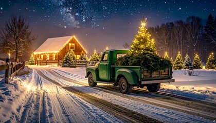 vintage green pick-up truck, freshly cut Christmas trees in the back, cabin adorned with holiday lights, gentle snowfall, snow-covered ground, dusty winding road, lush tree farm, nighttime setting, dr