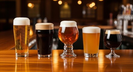Assorted Beers on Bar Top - Five glasses of different beers sit on a wooden bar top in a dimly lit pub setting