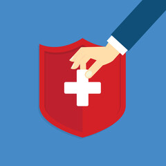 Medical healthcare insurance. Red shield on patient protection policy and pen. Medicine symbol. Vector illustration