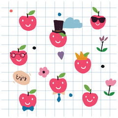 Cute apple characters doodle set – hand drawn funny apples with crown, hat, glasses, bow tie, sunglasses, flowers and speech bubble clipart
