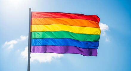 Obraz premium Rainbow Flag Flying High in Blue Sky - Vibrant rainbow pride flag billowing in a clear blue sky, sunshine visible. A symbol of LGBTQ+ pride and acceptance