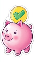 Cute Pink Piggy Bank with Coin and Checkmark