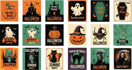 Fototapeta premium Festive Halloween illustrations featuring pumpkins, ghosts, witches, and spooky creatures for holiday celebrations.