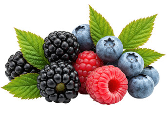 Vibrant dewy blackberries, raspberries, blueberries, and green leaves, artfully arranged in a close-up macro shot with pin-sharp focus on a transparent background, healthy food concept.