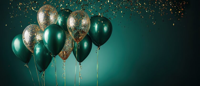 Energetic Celebration Decor with Green Balloons and Confetti, Green Gradient Background, Central Text Overlay Space for Event Promotion