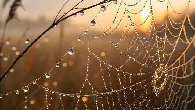 Macro spider web covered in morning dew drops at sunrise - Powered by Adobe