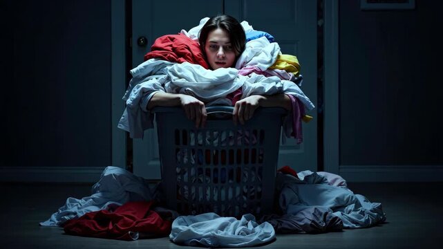 Overwhelmed woman with shocked face buried in huge pile of laundry. Dramatic banner of household chores and stress. Concept of burnout and procrastination