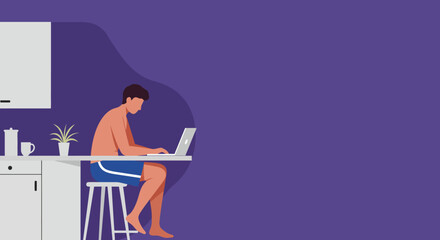 Man works comfortably from home on his laptop in a modern kitchen. Ideal for illustrating remote work, flexible lifestyle, or online learning.