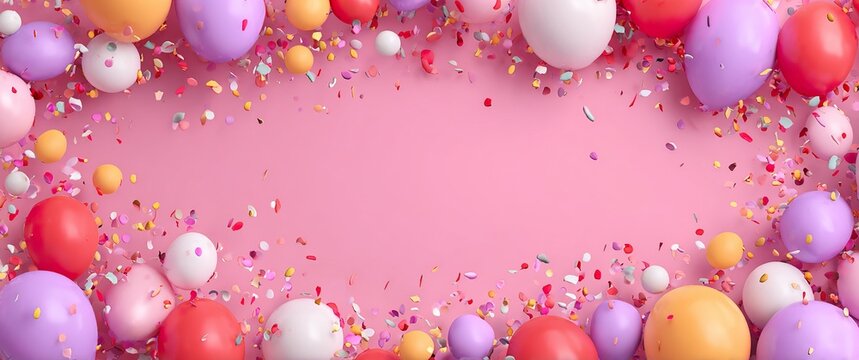 Festive Birthday Card Mockup with Colorful Balloons and Confetti, Empty Middle Space for Text or Product Showcase