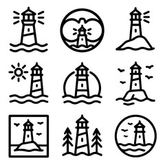 Nine Unique Lighthouse Icon Designs Coastal Nautical and Nature Scenes.