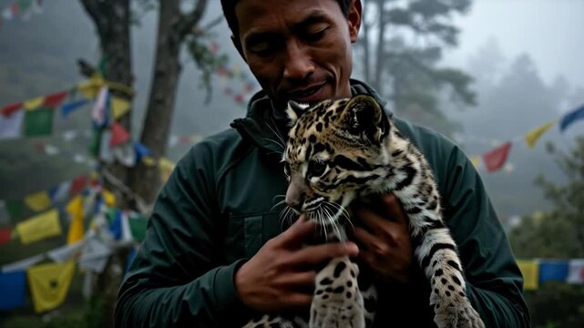 Asian man holding small clouded leopard cub in foggy mountain forest. Wildlife conservation and animal rescue concept. Human and nature connection banner