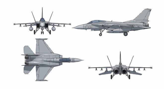 Military Fighter Jets Silhouettes Set Front Side And Top Views For Design