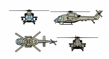 Helicopter Illustration Set, Top, Side, Front Views, Military Aircraft Design