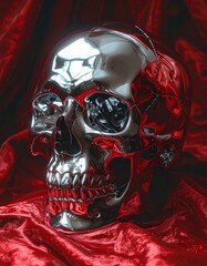 A modern and elegant chrome skull, dramatically lit on deep red velvet, creating a sophisticated Halloween aesthetic