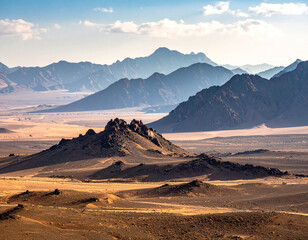 Fototapeta premium A scenic view of the A�r Mountains with rugged peaks surrounded by sprawling desert plains.