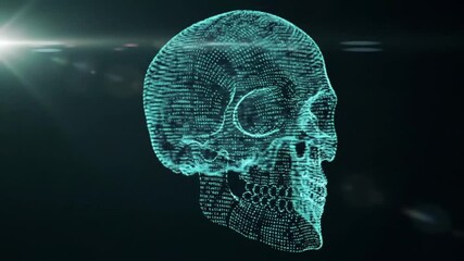 Aqua Cybernetic Skull Constructed from Code on Black Background