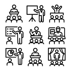 Presentation Icons Depicting Various Public Speaking Scenarios and Audiences.