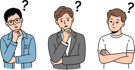 Puzzled businessmen ponder important questions, seeking solutions with thoughtful expressions