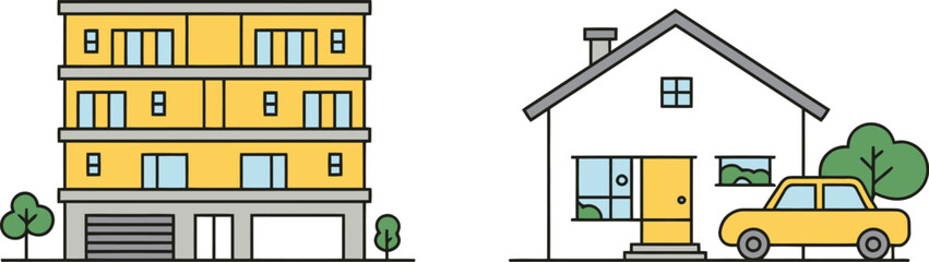 Modern apartment building and charming house with car, symbolizing diverse housing options and lifestyles