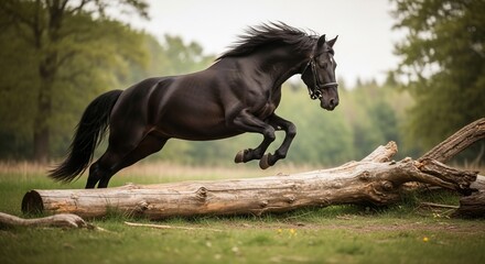 A majestic black horse with a flowing mane and tail leaps gracefully over a fallen tree trunk in a lush green forest clearing.