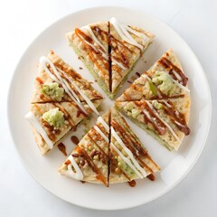 top view of Okonomiyaki Slices with Mayonnaise Sauce on white plate on white background 