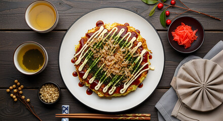 top view of okonomiyaki pancake on wood table 