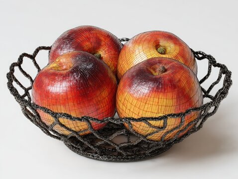 Four vibrant, reddish-yellow apples in a dark-grey wire mesh basket