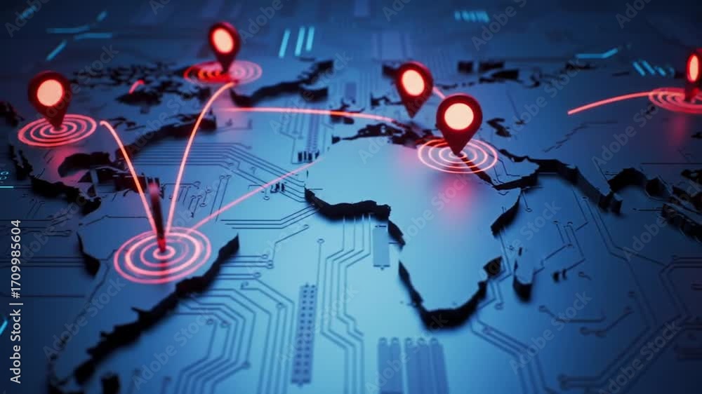 Poster blue world map circuit board with red location pointers and connections