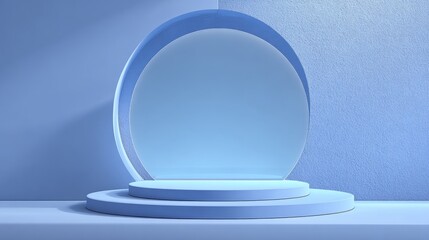 3d blue podium stand with circular glass backdrop on soft blue floor background, minimalist modern interior concept for product display, exhibition mockups, cosmetic presentation, and stylish digital 