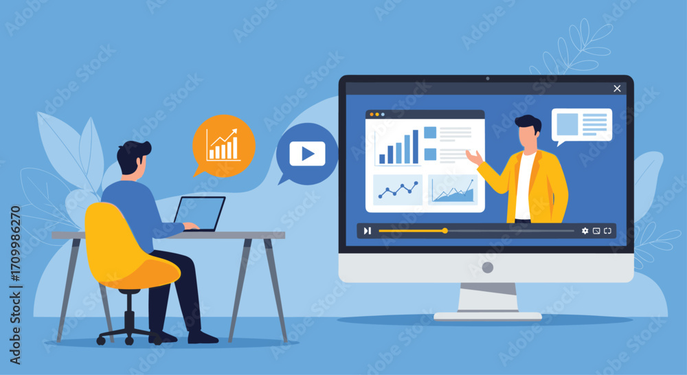 Poster man learning online course on computer screen with educational icons and analytics data