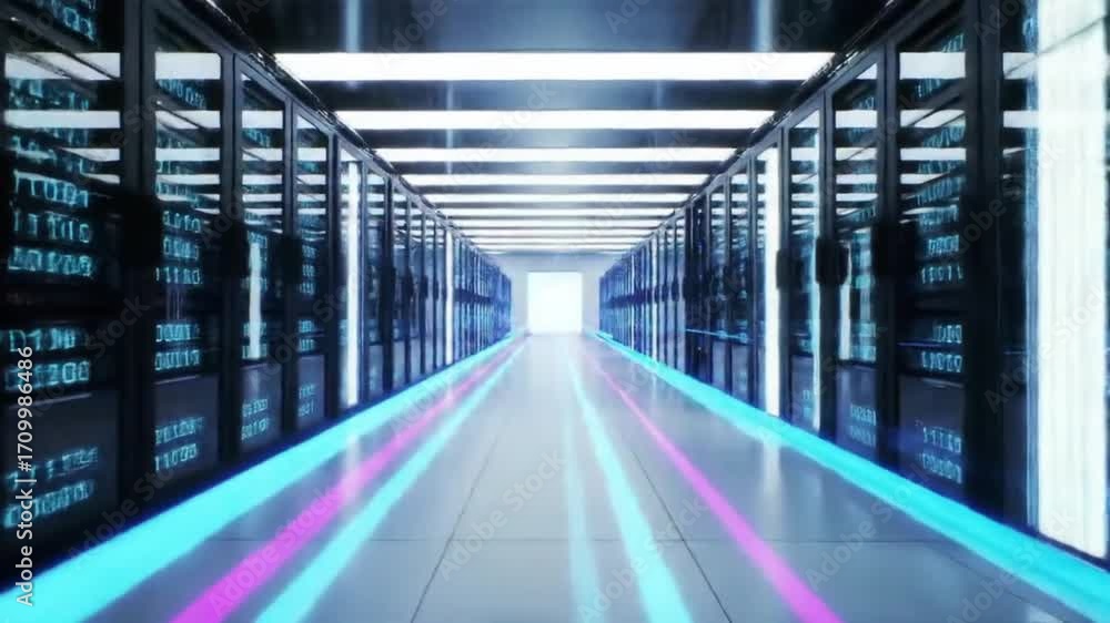 Poster bright data center hallway with digital binary code and blue purple lights