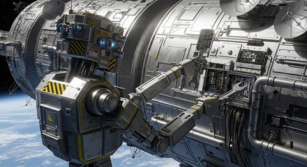 Futuristic Robot Repairing Space Station in Orbit.