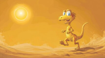 Obraz premium Cute dinosaur walks desert landscape