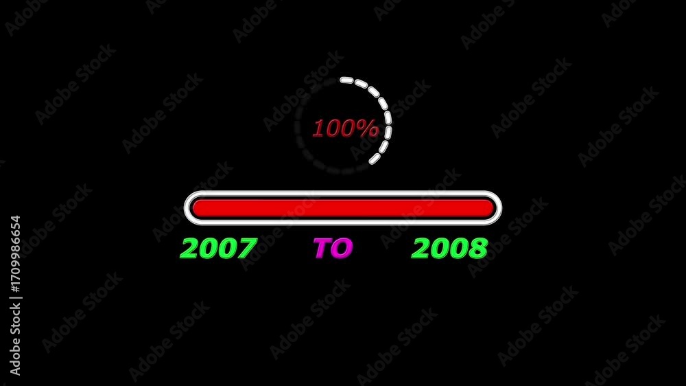 Aufkleber new year 2008 loading bar animation. loading bar from 2007 to 2008 new year transfer, 0% to 100% cir