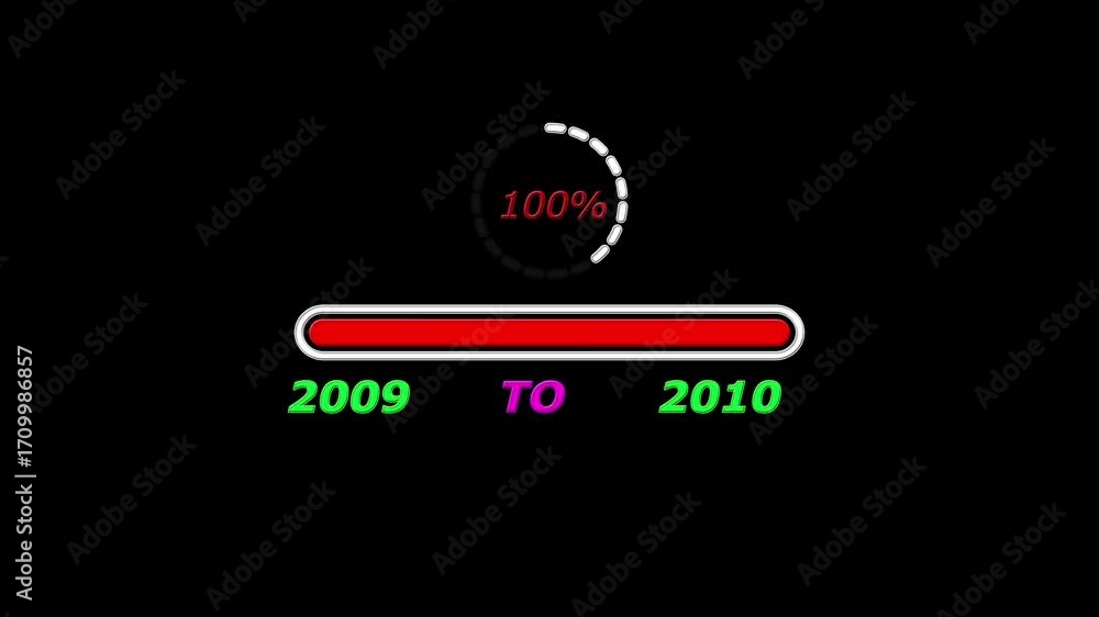 Poster new year 2010 loading bar animation. loading bar from 2009 to 2010 new year transfer, 0% to 100% cir