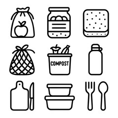 Simple Illustrated Icons of Sustainable Living and EcoFriendly Practices.