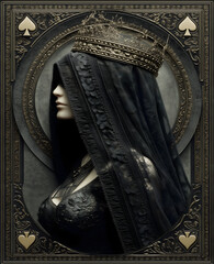 Queen of Spades playing card design, mysterious woman in black veil and golden crown, side profile portrait, dark lace dress, ornate decorative frame with spade symbols, dramatic and elegant fantasy a
