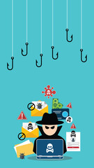 Hacker with laptop computer stealing confidential data, personal information and credit card detail. Hacking concept.	