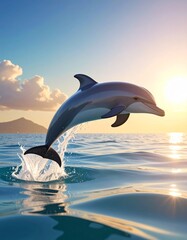 Fototapeta premium 3D Delfin, springend über Wasseroberfläche, Meereskulisse, Sonnenlicht, fotorealistisch