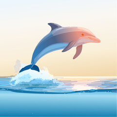 3D Delfin, springend über Wasseroberfläche, Meereskulisse, Sonnenlicht, fotorealistisch