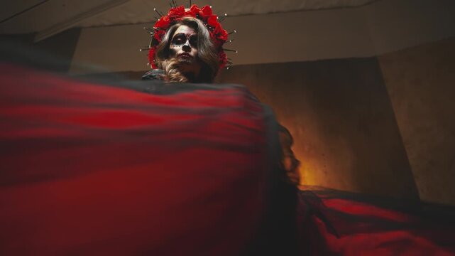 Portrait young woman sugar skull art make-up sceleton face red roses in hair black long lush dress waving in slowmotion. Halloween costume holiday. Sexy Girl Calavera, day of the dead santa muerte