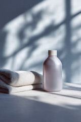Minimalist wellness concept. A soft light enhances the scene with towels  a bottle. Ideal for spa treatments, skincare, or product mockups with clean style.