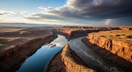 Grand Canyons Colorado River under Dramatic Sky at Sunset.