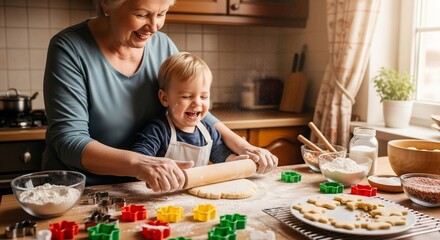 Grandmother and Grandson Baking Cookies Together in a Cozy Kitchen.