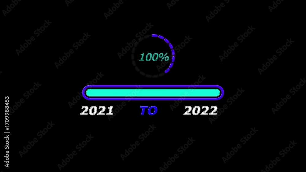 Poster new year 2022 loading bar animation. loading bar from 2021 to 2022 new year transfer, 0% to 100% cir