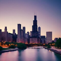 Obraz premium Chicago Skyline at Dusk: Willis Tower and River Serenity