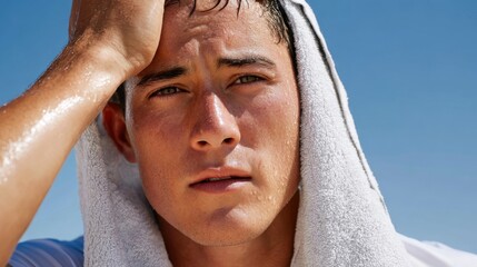 Close-up of a sweaty young man with a white towel around his neck, wiping his forehead against a clear blue sky.