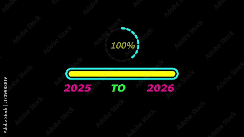 Poster new year 2026 loading bar animation. loading bar from 2025 to 2026 new year transfer, 0% to 100% cir